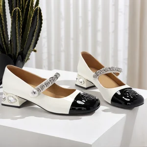 2026 New Women's Silver Square Toe Pumps Large Size 42 Medium Heel Mary Jane Shoes Slip-On Closure for Summer