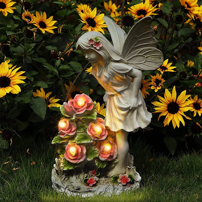 Garden Resin Fairy Statue With Solar Flower Fairy Figurines Statue Fairy Outdoor