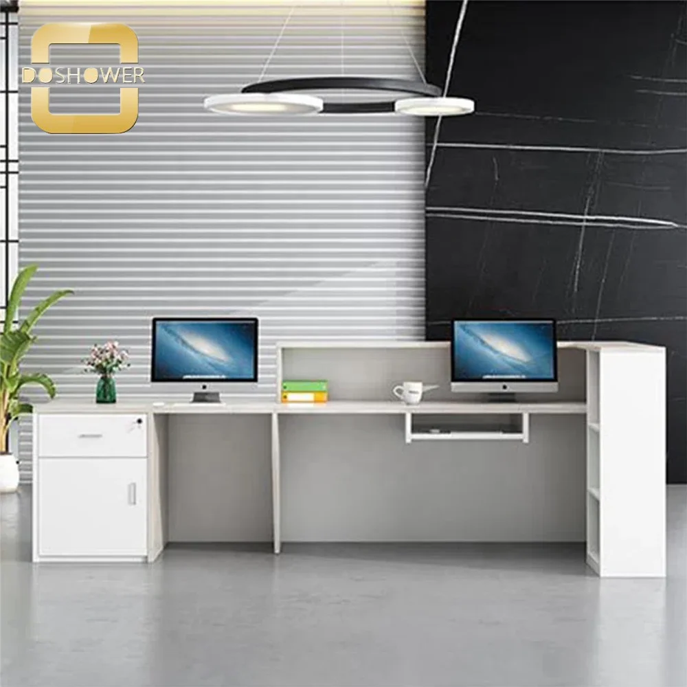 Banco Reception Ufficio Con 3 Cassetti - Bianco MDF, 110x120x48 Cm, Con Schermo Privacy - Foto 8