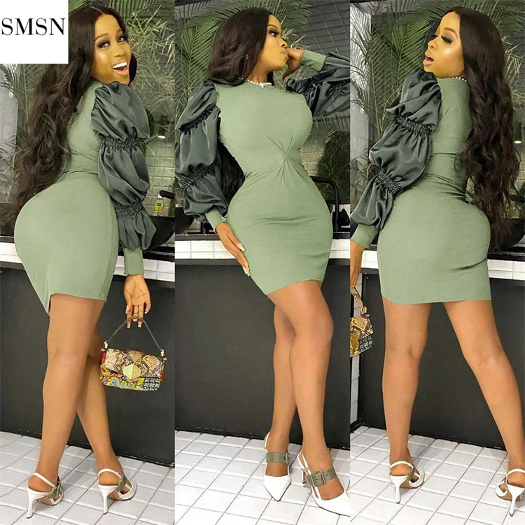 OSINA Latest Design Women Fashion Clothing Bodycon Dresses Ladies Women 2021 Puff Sleeve Dress Green Dress