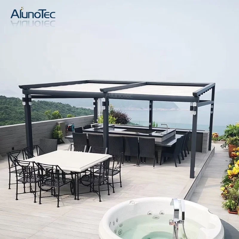 Waterproof Outdoor Motorized PVC Pergola Retractable Awning With Led Lights