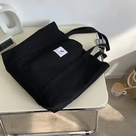 Wholesale Custom Printed Logo Simple Solid Color Shoulder Canvas Cotton Shopping Tote Bag With Woven Label