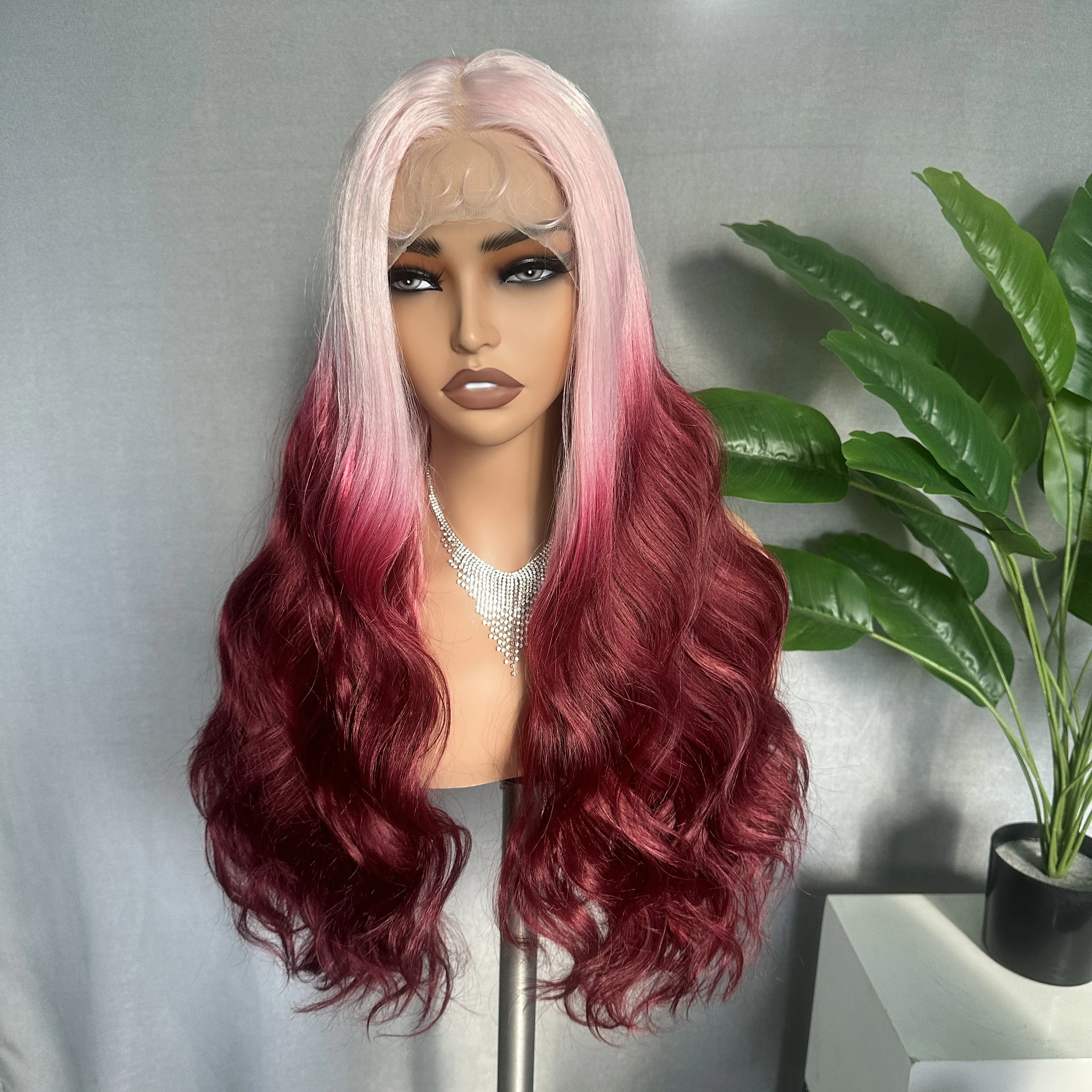 Gradient pink long wavy wig 26 inches Brown Gradient Pink Long Shaggy Wavy Synthetic Wig In MULTI  main image 2