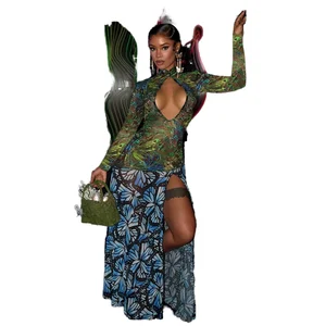 Customize Wholesale Usa Size Fashion Women Casual Maxi Party Long Sleeve Digital Print Mesh Dress Natural Waist