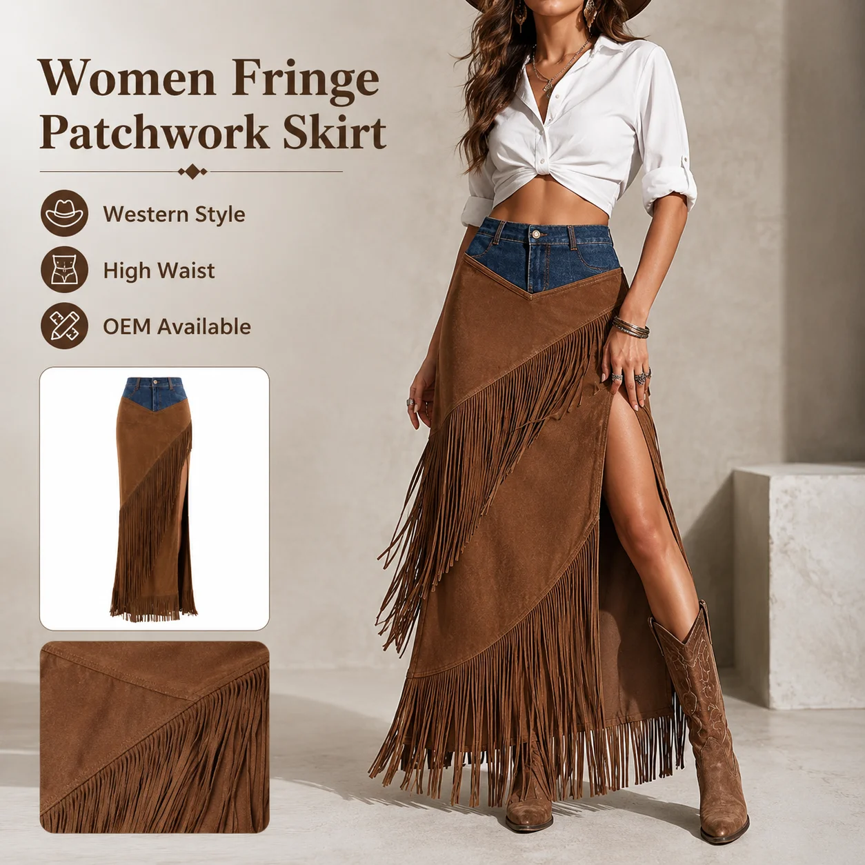 Hot Sale Empire Waist Vintage Tassel Beaded Anti-Wrinkle Mid-length Spliced Denim Hem Irregular Suede Skirt