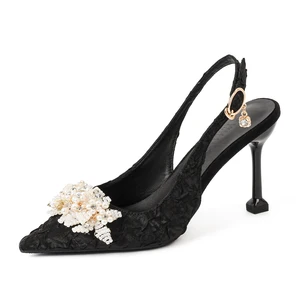 Chic Women's Black Textured Fabric Pointed Toe Stiletto Heel Slip-On Pumps with Bow Accent Summer