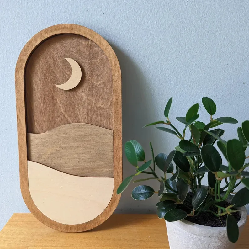 Support Customization Minimalist Wall Art  Crafts Decoration Sun and Moon Wooden Art for Home Wall Decoration