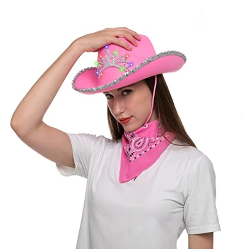 Flashing Lights Light Up Iridescent Pink Space Cowgirl Hat Light Up Cowboy Hat With Pink Led 9245