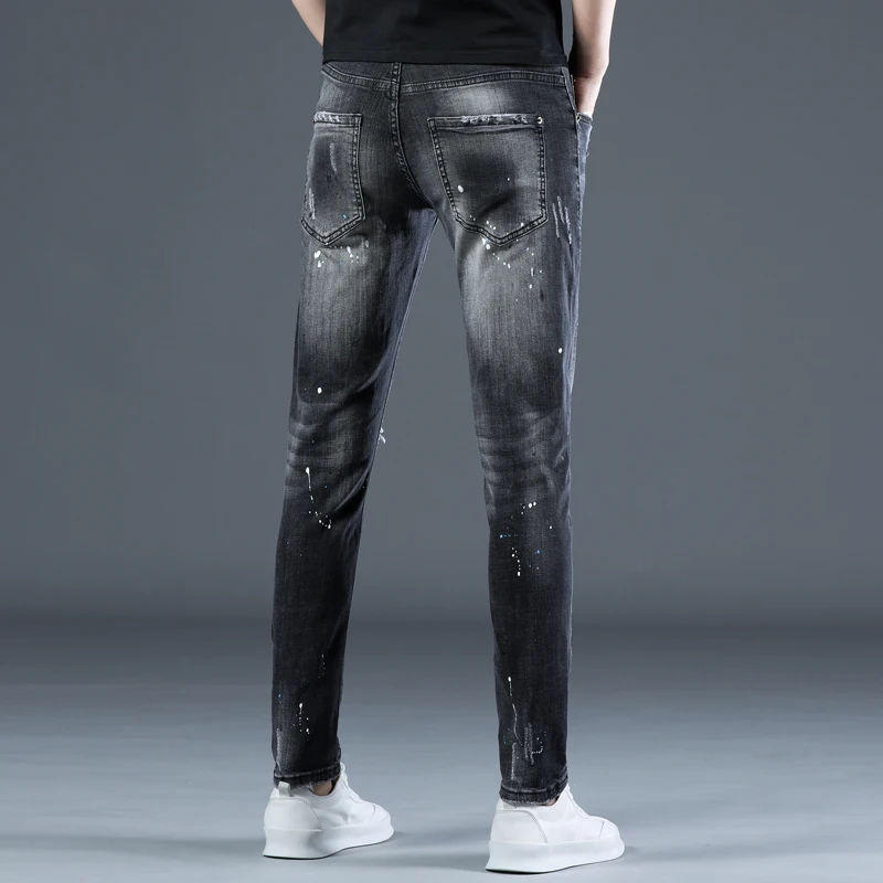 Fashion Men's heavy Denim jeans Male Slim Patch Cotton Letter Print spray  paint distressed ripped black jeans biker Men's Jean