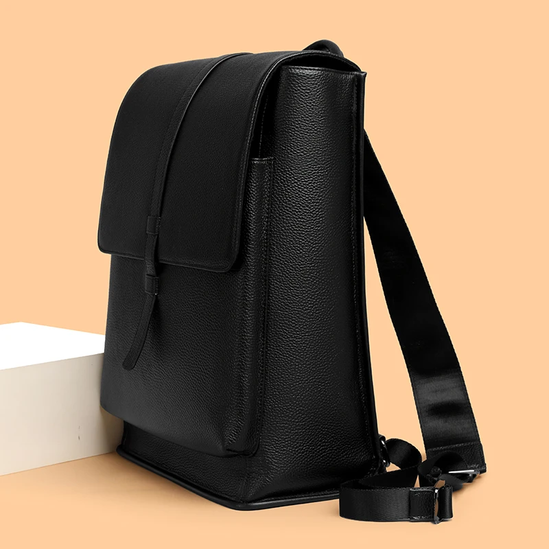 Custom Logo Genuine Leather Waterproof Zipper Hasp Closure Physiological Curve Back Shoulder Bag Men Women Laptop Backpack
