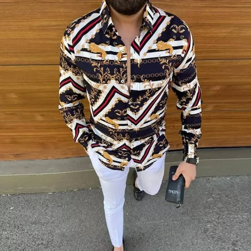 Wholesale Lion printed Men's Shirts 2022 new fashion Long Sleeve Shirt plus  size Single button turn down spring Men Clothing From m.