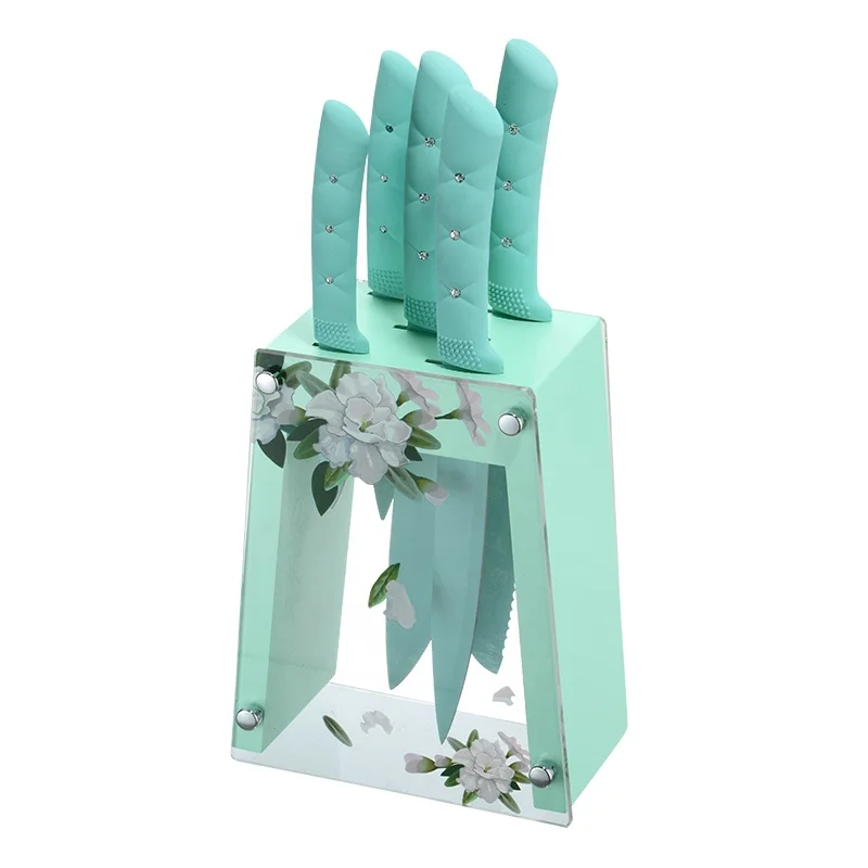 kitchen king 6 pic unique knife set cyan glam flower non stick