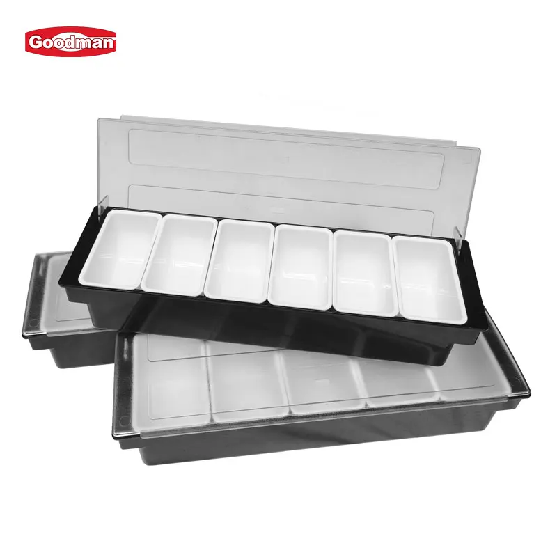 3/4/5/6 Compartments Transparent PC Ice Cooled Bar Snack Fruit Caddy Condiment Container Box Chilled Garnish Tray With Lid