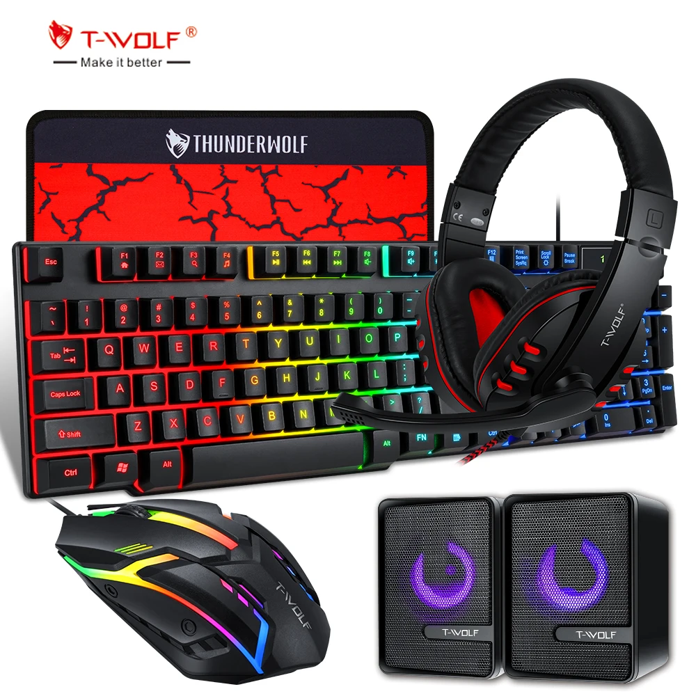 T-WOLF TF850 Gaming Keyboard Mouse and Gaming Headset and Speaker Mouse Pad Wired RGB Backlight Keyboard Combos for Computer PC