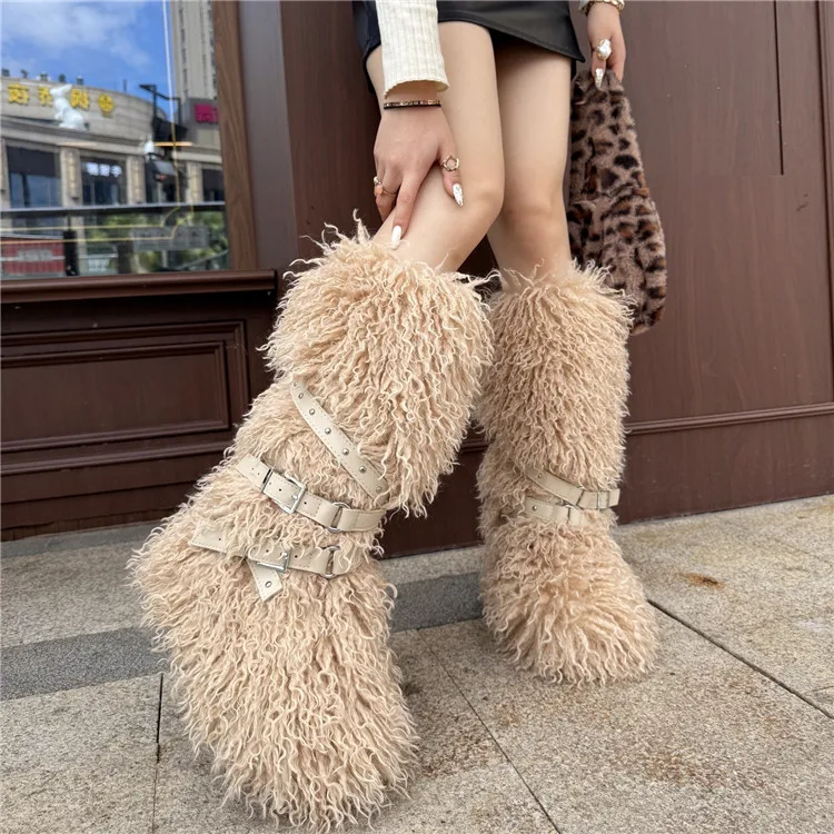 Women Fur Boots Winter Luxury Fluffy Furry Faux Fur Snow Boots