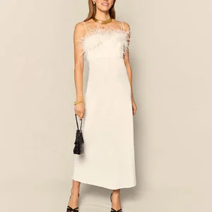 Factory One Stop  Elegant Long Dresses Women Feather Neck Spaghetti Straps Evening Party Dress