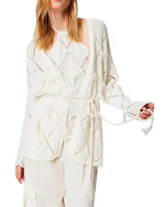 Custom Knitwear Manufacturer Casual V Neck Embroidered Cardigan Knitted Women Sweater with Feather