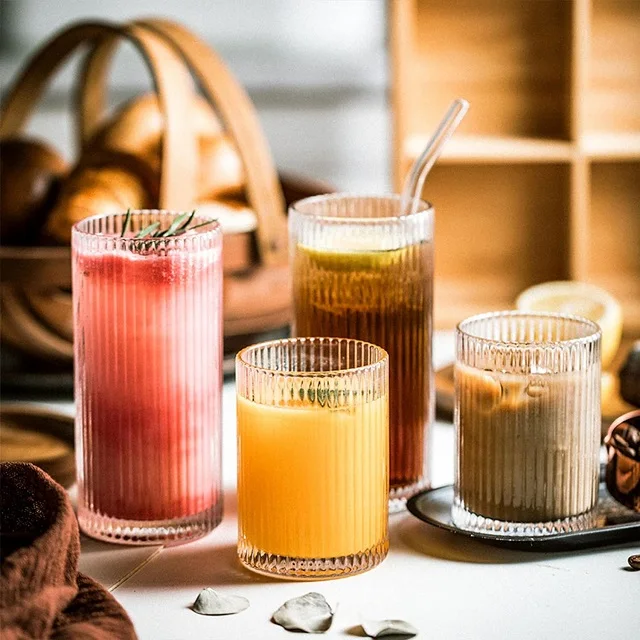 Kitchen Drinking Glasses with Embossed Style Vintage Ribbed Glassware for Iced Coffee Glass Tumbler 380ML
