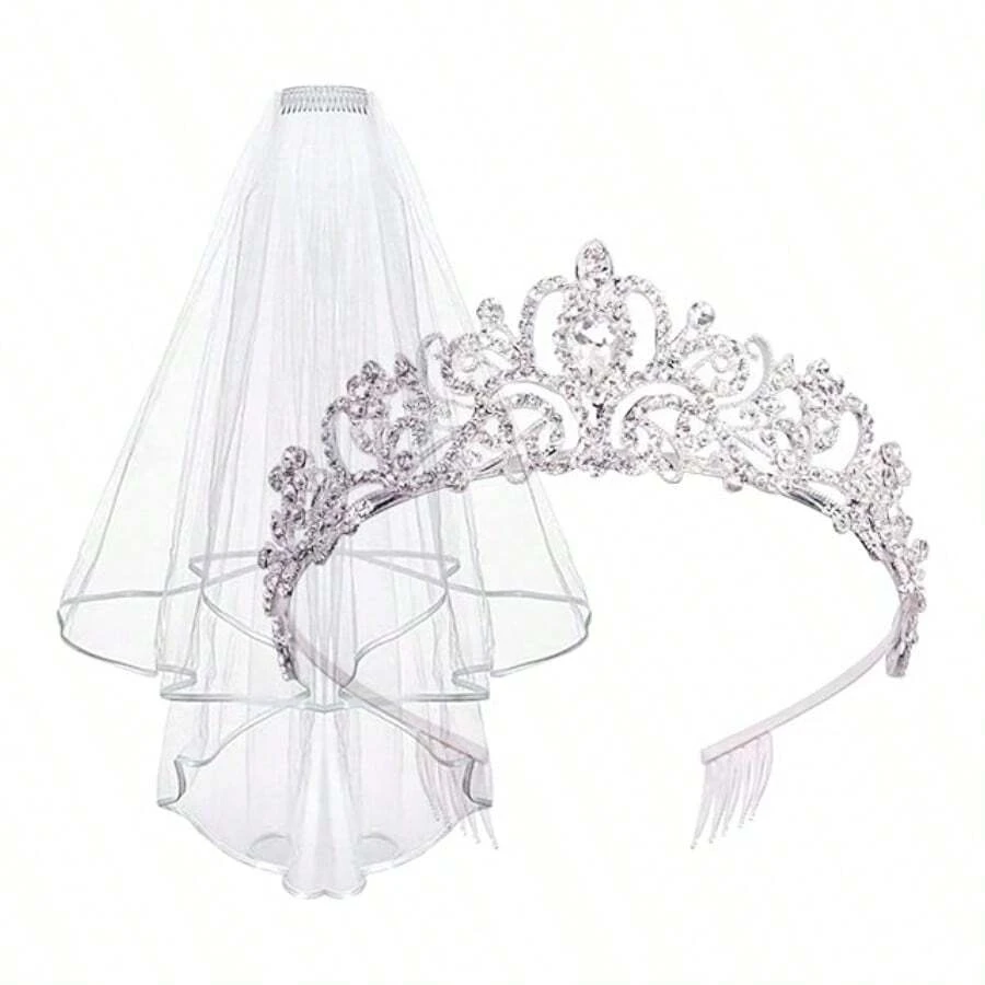 2pcs/Set Lace Bridal Veil Wedding Veils and Headpieces for Women White Brides Tiaras Crown Halloween
