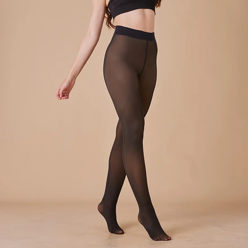 Free Shipping Winter Warm Fake Translucent Thermal Dark Skin Colored Fleece Lined Tights for Women