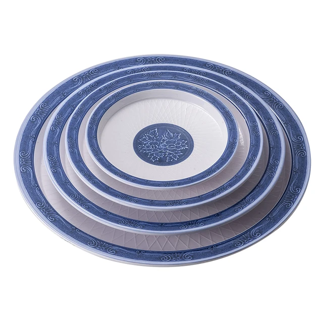 Melamine Blue Chinese Flower Round  Serving Plates HOT POT BBQ Salad Appetizer Dessert Unbreakable Plate for Restaurant