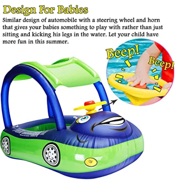 Inflatable Pool Float with Canopy, Car Shaped Babies Swim Float Boat with Sunshade Safty Seat for Toddler Infant Swim Ring Pool