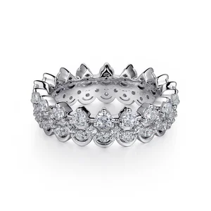 Delicate Fine Fashion Women Jewelry 9k White Gold Double Layer Circle Diamond Crown Eternity Band Ring
