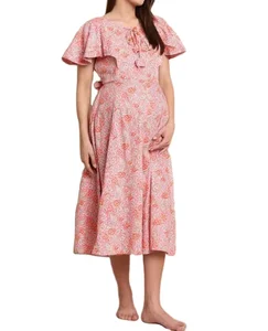 Fashion Chiffon Floral Printed Maternity Fit & Flare Dress Ruffle Sleeve Summer Beach Malaysia Dress Women