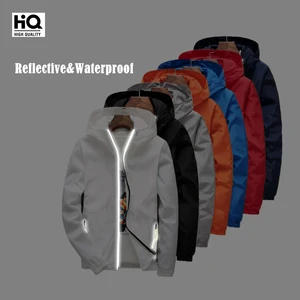 Men's Plus Size Waterproof Windbreaker Jacket Solid Reflective Zip Blazers for Winter Casual Style Thin Thickness
