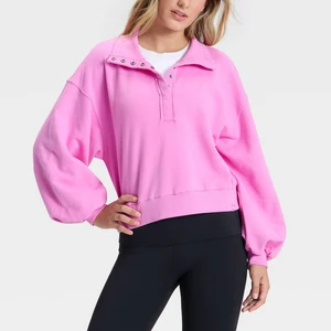 Custom logo High Quality Plus Size Ribbed Pullover Solid Color Cozy Button up Sweatshirt for Women Casual Wear