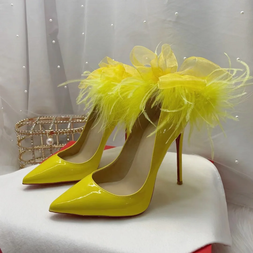 Talons Hauts Chaussures Talons Jaunes Jaune Plume Fourrure Talons