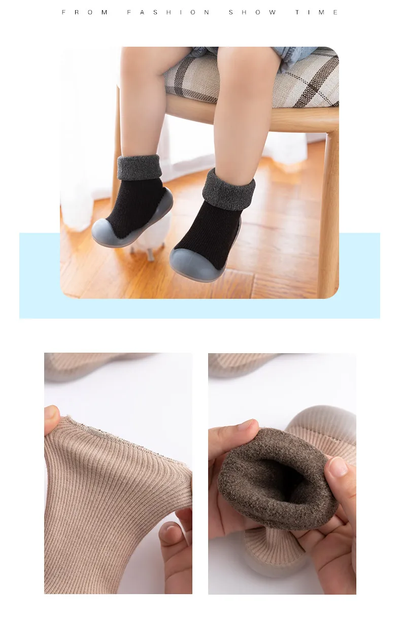 winter warm baby waking shoes non-slip rubber sole solid infant floor socks details