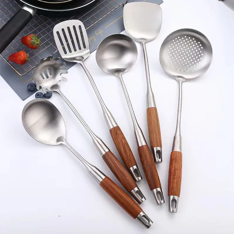 Cooking Utensil Set 304 Stainless Steel Kitchen Utensils With Wood Handle 6 Pieces Kitchen Stainless Steel Cookware Set Utensils