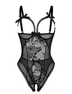 JENGS Open Crotch Onesie Sexy Lace Sleepwear for Large Size 100kg Women European American Style Hollow Out Pajamas Lingerie