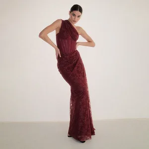 Bettergirl 2026 Spring New Sexy Backless Floral Lace Red Women Dress Ruffle Birthday Party Long Dress