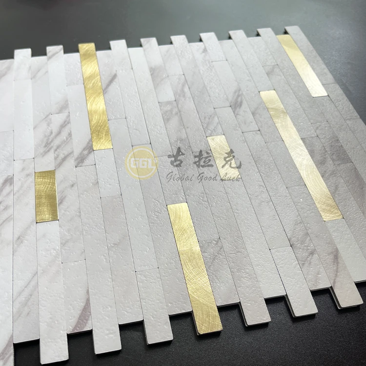 Self-Adhesive Stylish Marble Look Tile Inlay Gold Strip Aluminum Mosaic Tile for Home Decoration