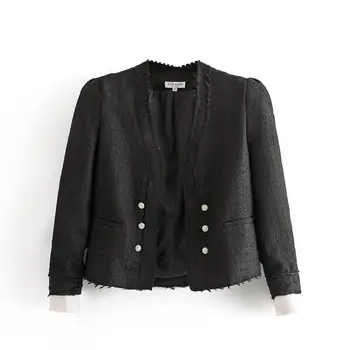 Korean style no collar short blazer women trench double breasted black tweed jacket