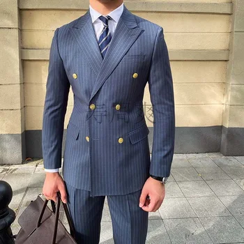 Manufacturer Men's British Wool Striped Double-Breasted Business Suit Men Slim Fit Suit of Wedding Wear Suit Blazer