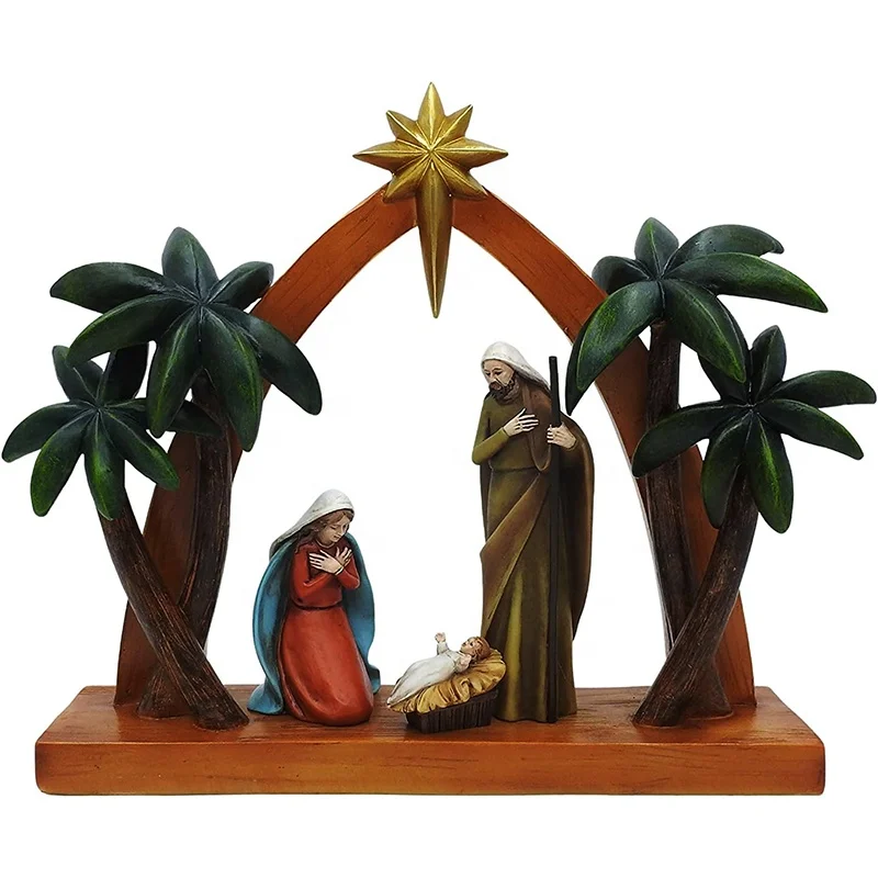 Colección Familiar de Fe Artesanal, Set de Decoración con Figuras Religiosas, Estatua de Poliresina del Árbol de Palma con la Sagrada Familia y Figura de Jesús