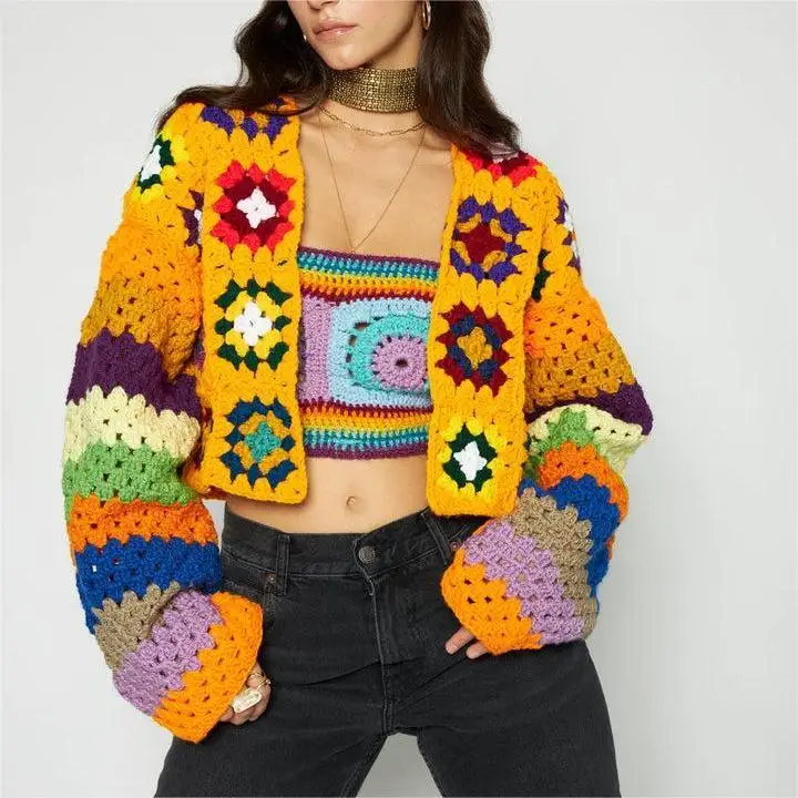 Cardigan Femme été Crochet Fleuri - Col V Manches Longues - Style Boho Vintage