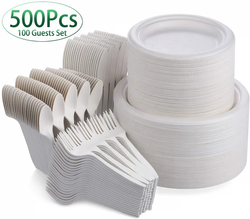 350pcs Compostable Paper Plates Set Eco-friendly Disposable Paper