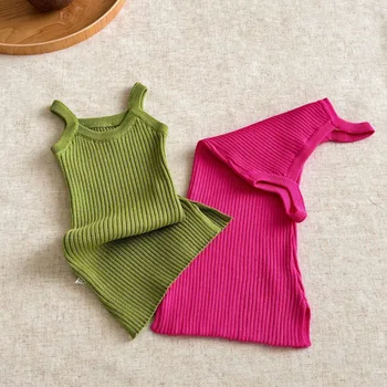 Girls' knitted dress 2024 Spring and Summer new elastic vest dress dopamine wear