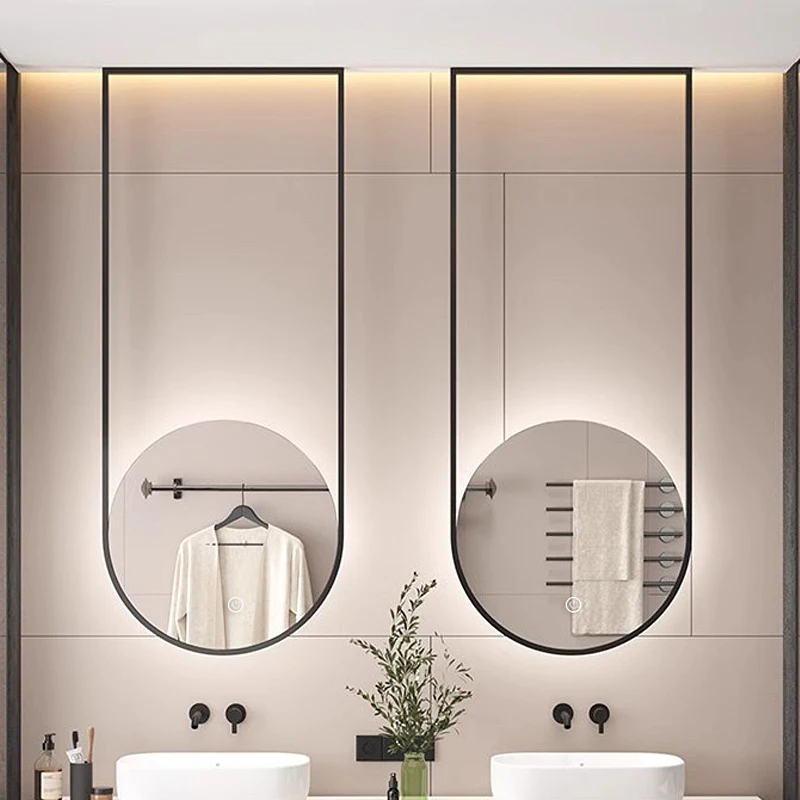 product new design hotel stainless steel ceiling hanging smart mirror with 3 color lights-2
