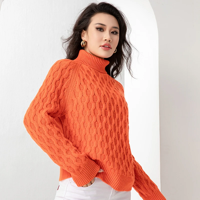 Customized Wool Knitwear Ladies Casual Thick Soft High Neck Pullover Top  Plus Size Nylon Cable Knit Sweater for Women