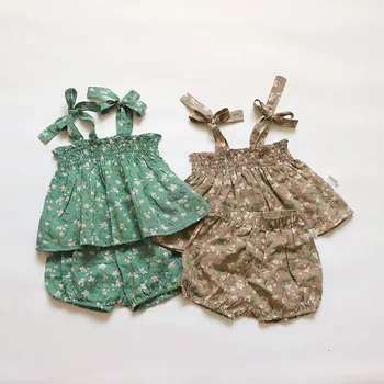 Clothes for babies summer wear suit baby girls' short skirt summer thin breathable flower suspender skirt shorts suit