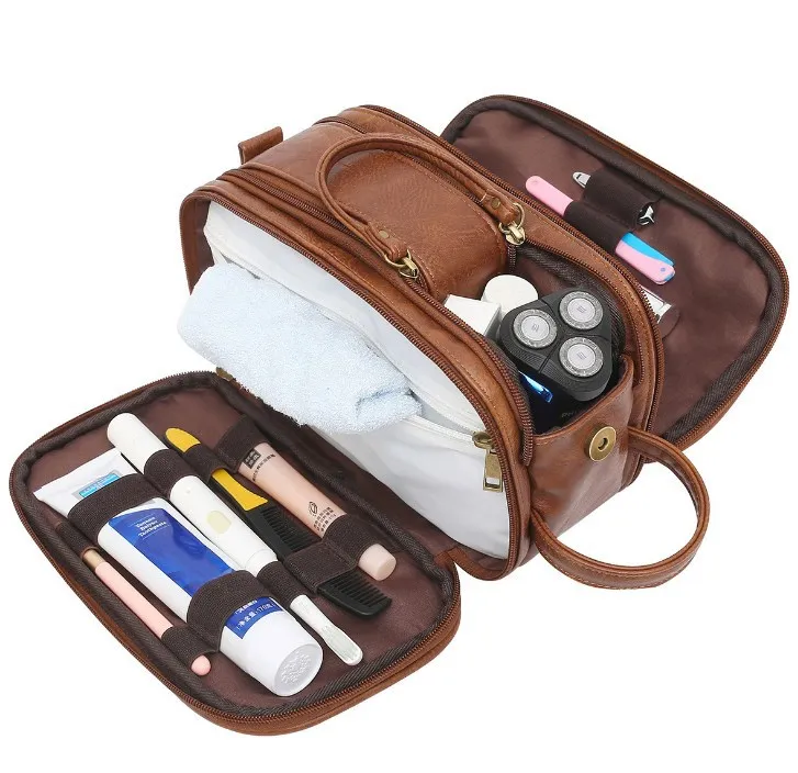 Custom Logo Leather Toiletry Bag For Men Travel Shaving Kit