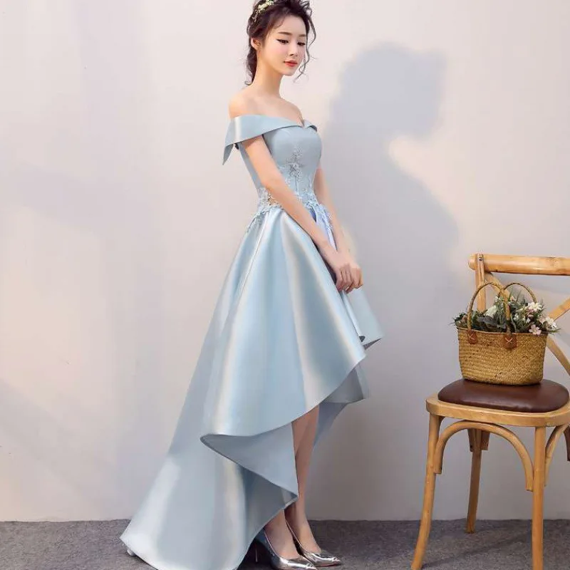 bridesmaid dresses short front long back Front Short Long Back Wedding Dress Satin Sleeved Off Shoulder