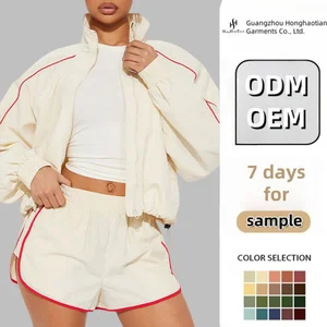 ODM OEM Custom Women's Nylon Cropped Zip up Windbreaker Sweatshirt Set Streetwear Polyester Tracksuit Set