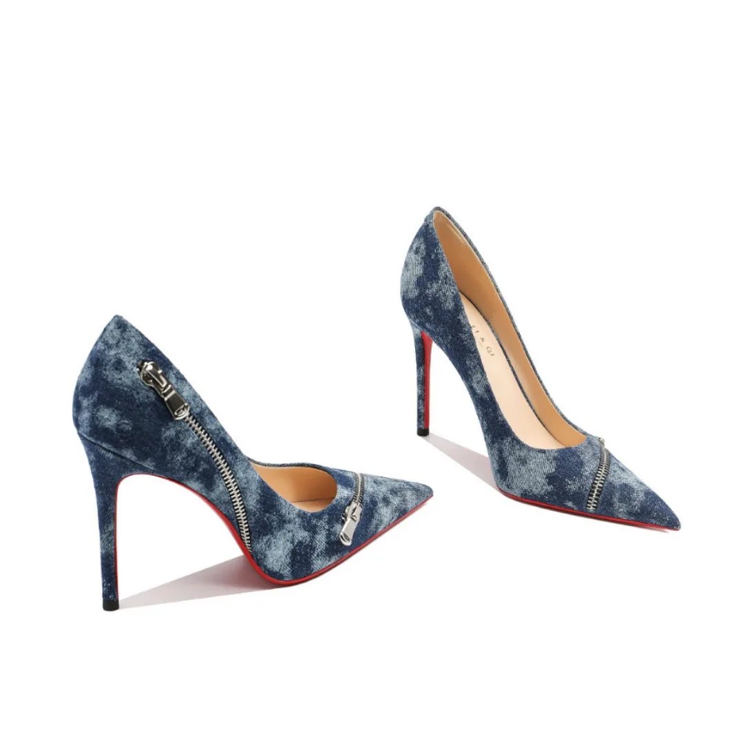 Fashion Women Shoes Pointed Toe Dress Shoes Decoration Blue Denim Ladies High Heel Pumps - Image 5