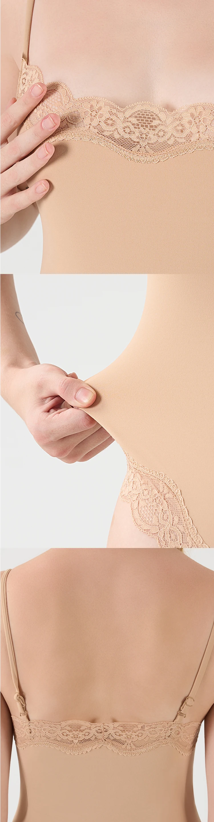 HKRXEC Lace-Trim V-Neck Shaping Bodysuit Brief in Nude